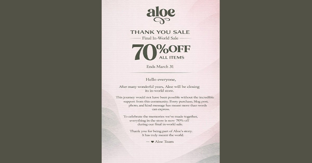 Aloe Final In-World Sale 70% Off